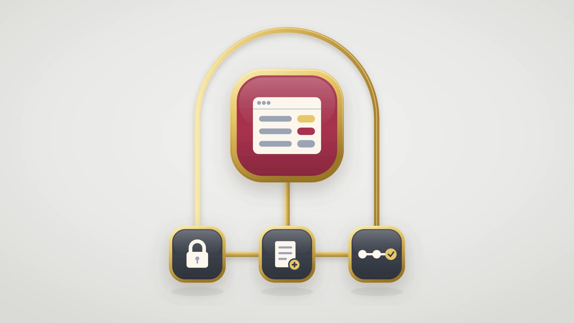 A crimson badge holding a browser window with a ticket list and status pills, framed by a gold arch whose legs meet a row of three slate badges holding a padlock, a form with a plus sign, and a progress track ending in a gold check mark