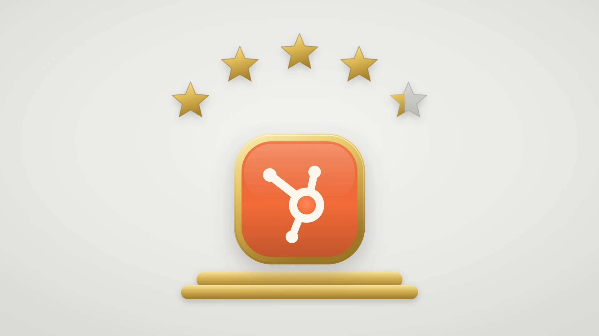 An orange HubSpot badge standing on a gold plinth under an arc of five gold rating stars, the last star only partly filled for a 4.4 rating