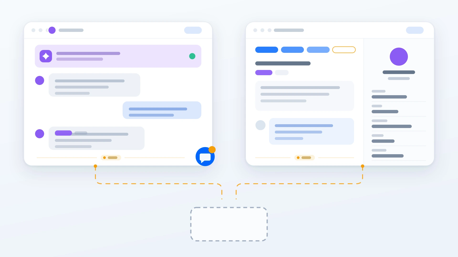 An Intercom messenger conversation beside a HubSpot ticket record, drawn as two support tools being compared side by side