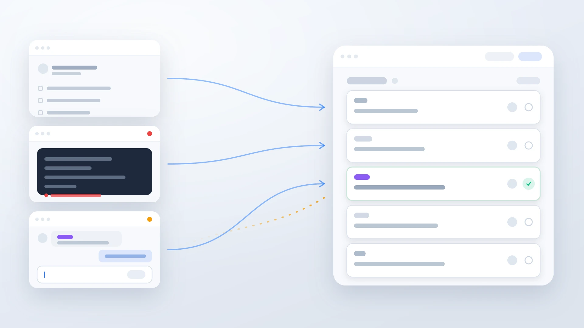 An issue tracker board receiving work from three sources, a teammate, an automated build, and a customer conversation, where only the customer path has no return arrow drawn back to it