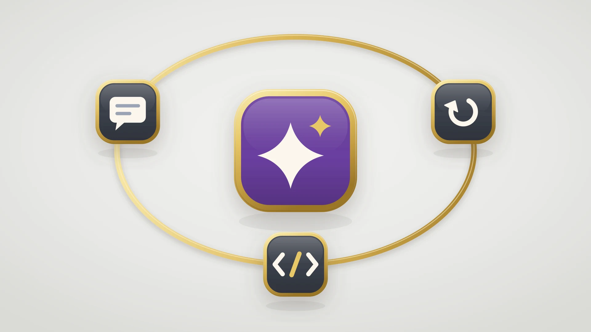 A large purple badge with a sparkle sits inside an oval gold ring, with three small slate badges riding the ring that hold a chat bubble, a loop arrow, and code brackets