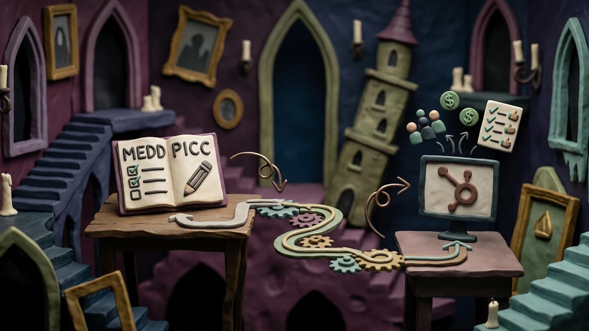 A MEDDPICC qualification page in Notion synced to a HubSpot deal timeline