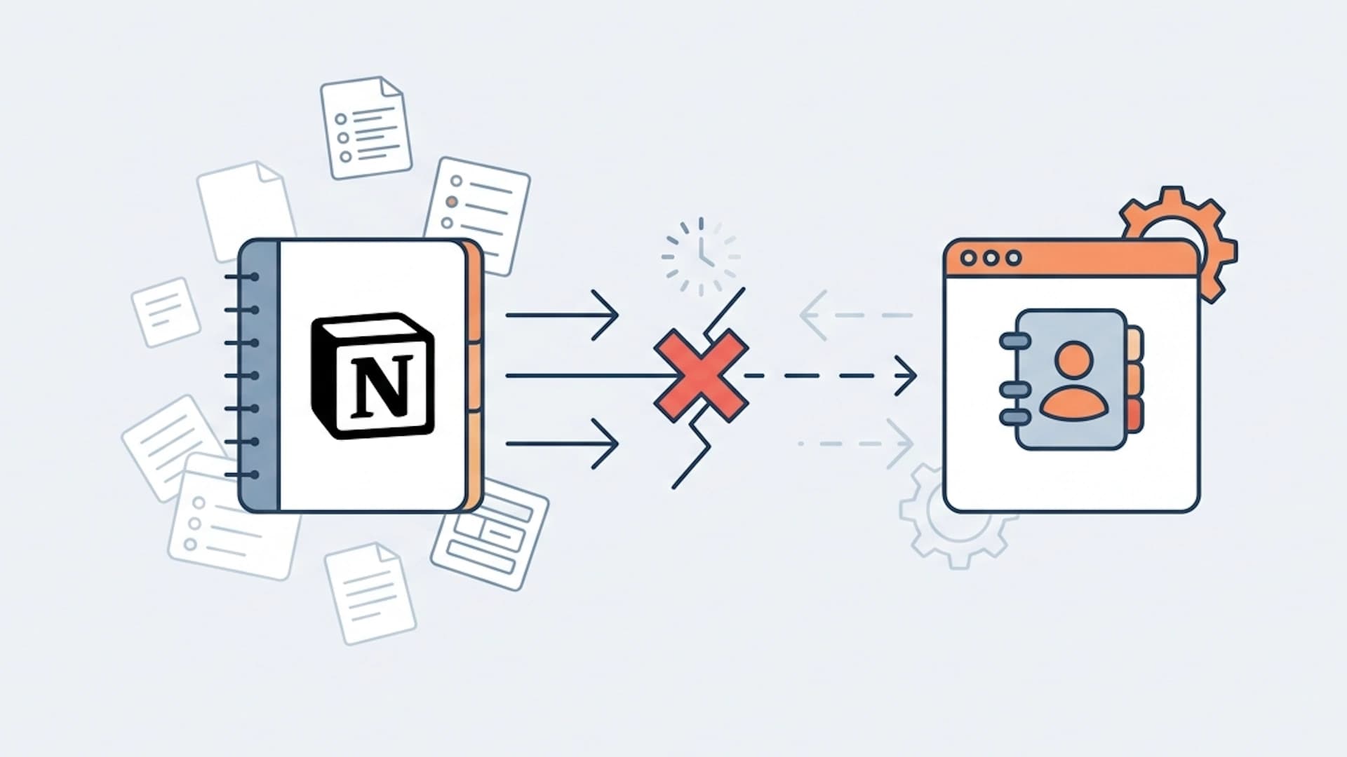 Cartoon of a sales rep with notes stuck in Notion while HubSpot shows an empty timeline