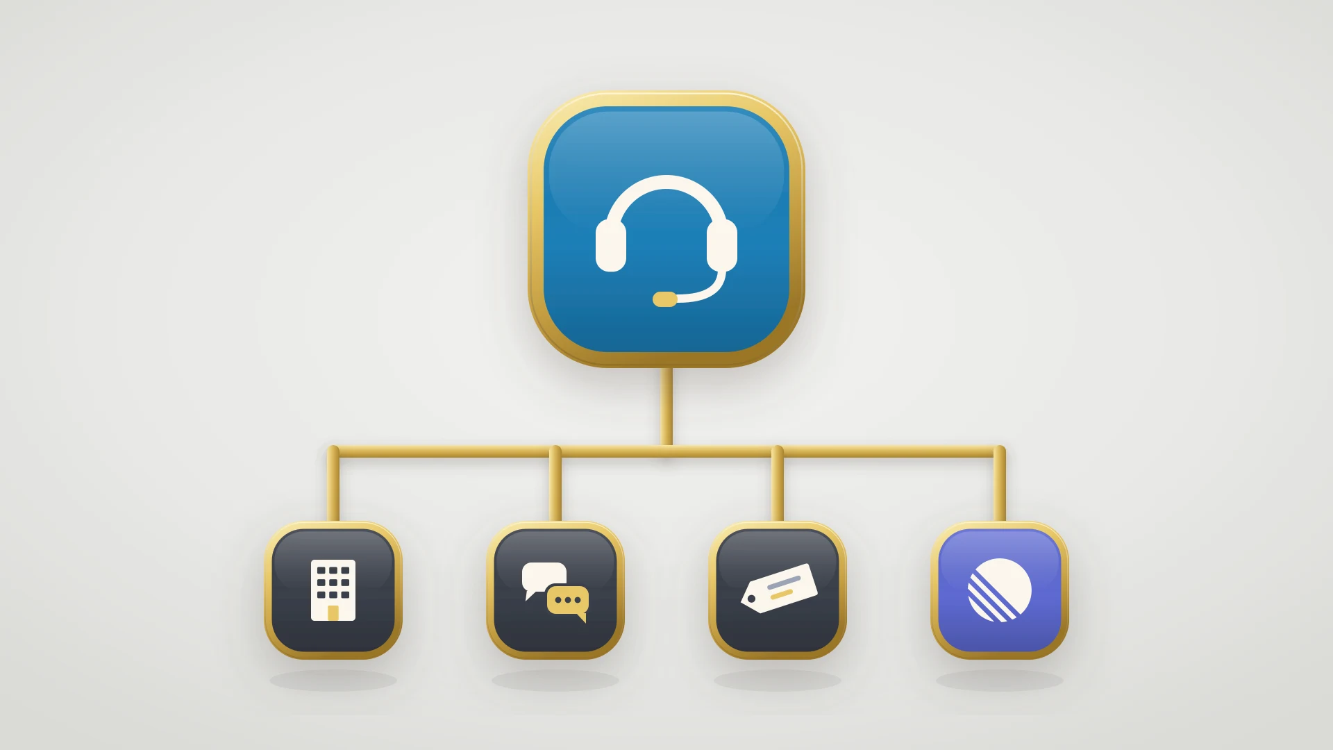 Best customer support software for B2B drawn as a large ocean blue badge holding a support headset, joined by a gold rail that branches down to a row of four small badges for a company building, two chat bubbles, a price tag, and the Linear mark