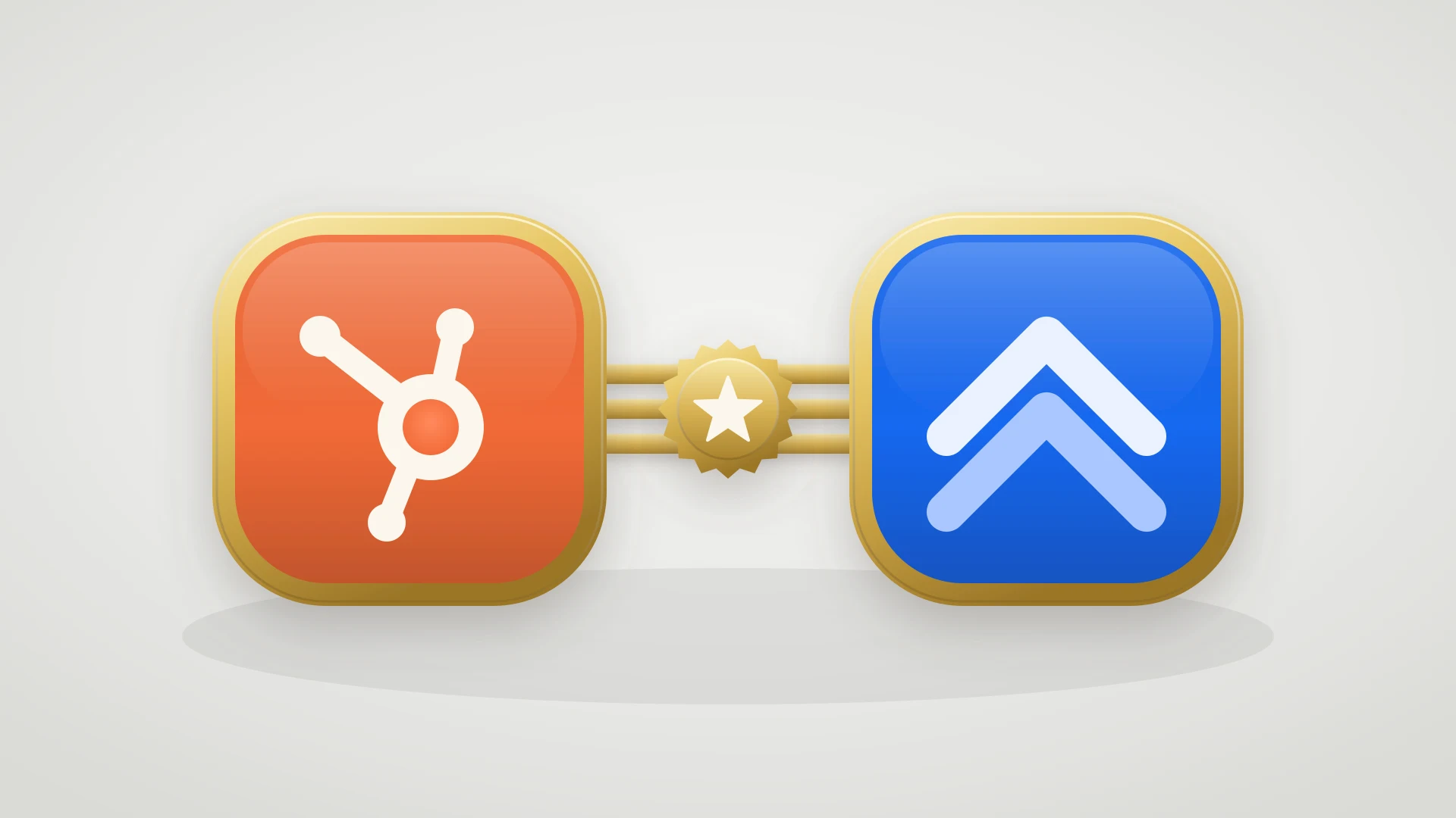 A HubSpot badge and a Jira badge joined by gold rails, with a gold star rosette between them marking the top pick, for a comparison of HubSpot Jira integrations