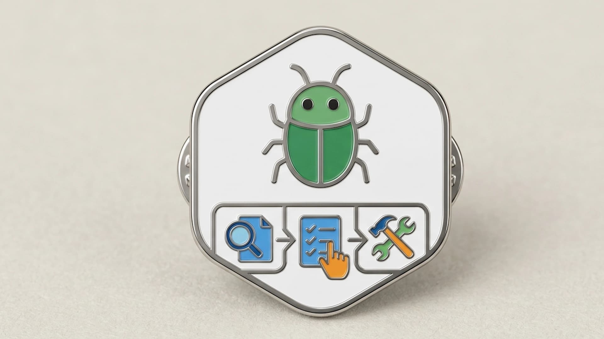 An enamel badge showing a software defect moving through its lifecycle stages from report to triage to fix to verified