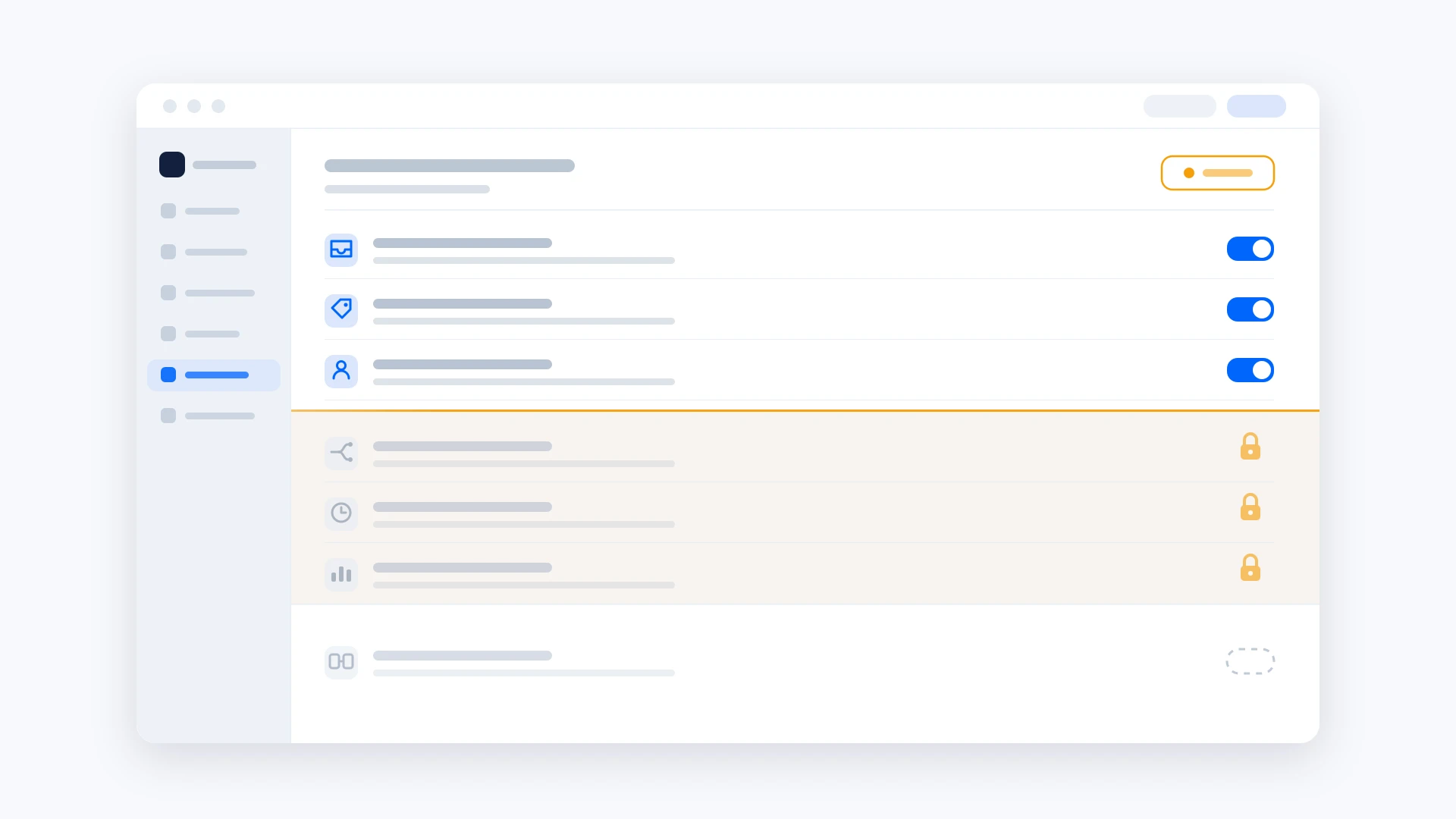 A help desk settings panel where the first rules are switched on, everything below an amber line is dimmed behind padlocks, and one final row further down has no control at all, only an empty dashed outline