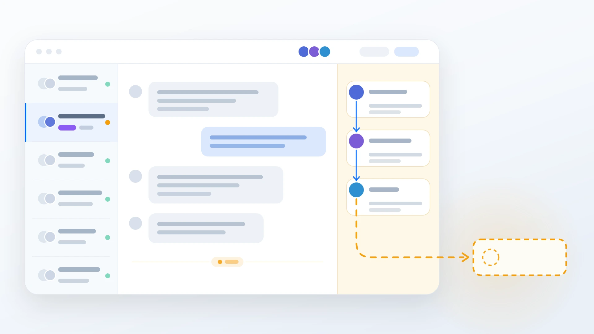 A shared inbox conversation with an internal comment rail beside it, three teammates handing the thread along a chain, and the chain continuing as a dashed amber line out through the window wall to an identical note card with nobody on it
