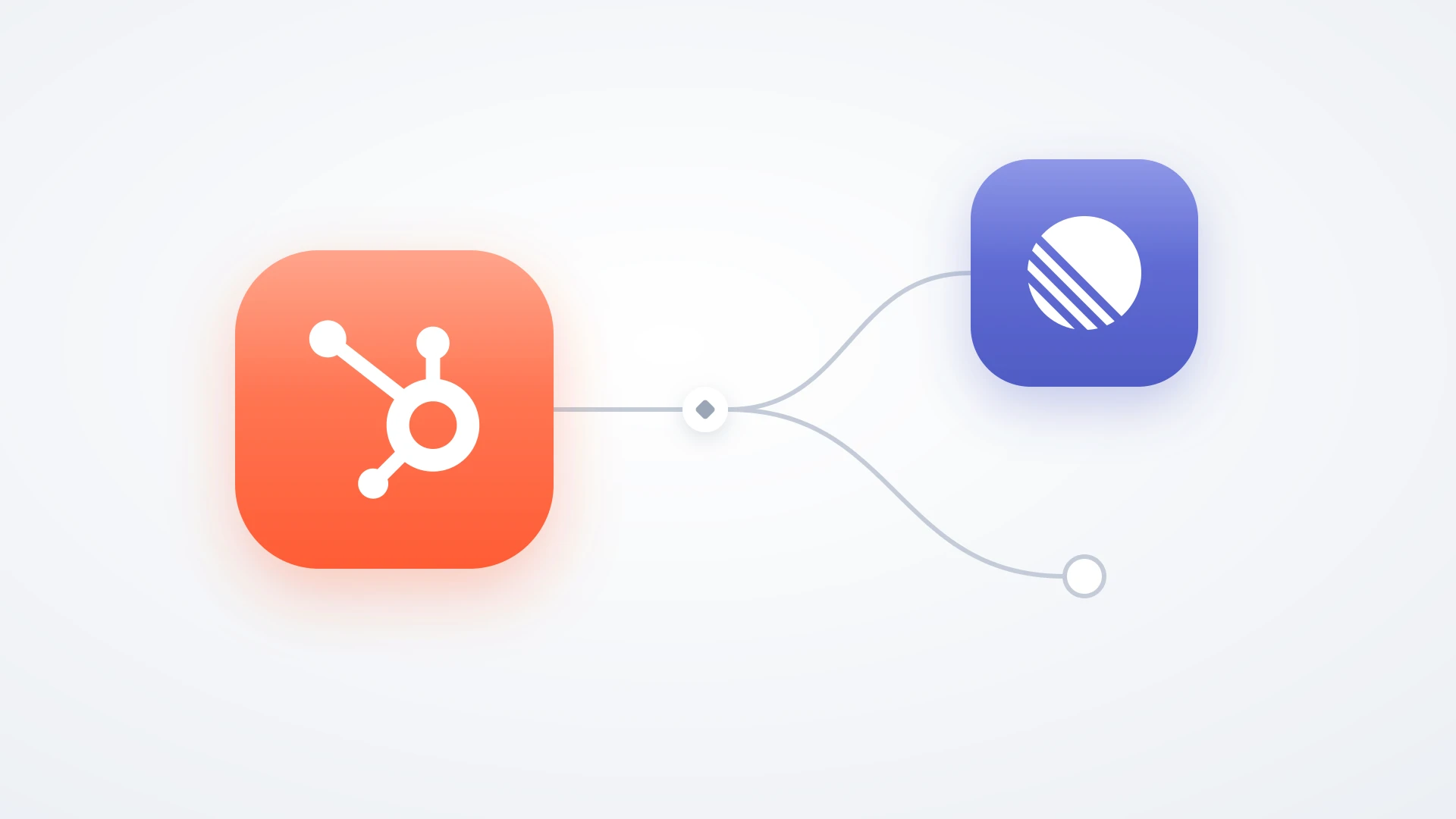 The HubSpot app icon connected by a branching workflow line to the Linear app icon and an empty end node