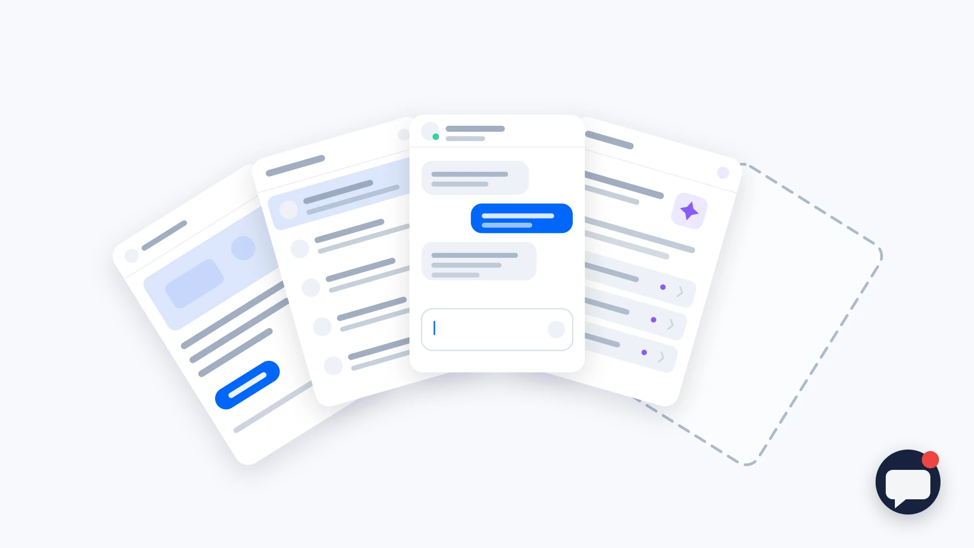 An Intercom style messenger fanned out into four separate product surfaces, a conversation, an AI answer card, a conversation list and an outbound announcement, with a fifth position at the end of the fan drawn as an empty dashed outline