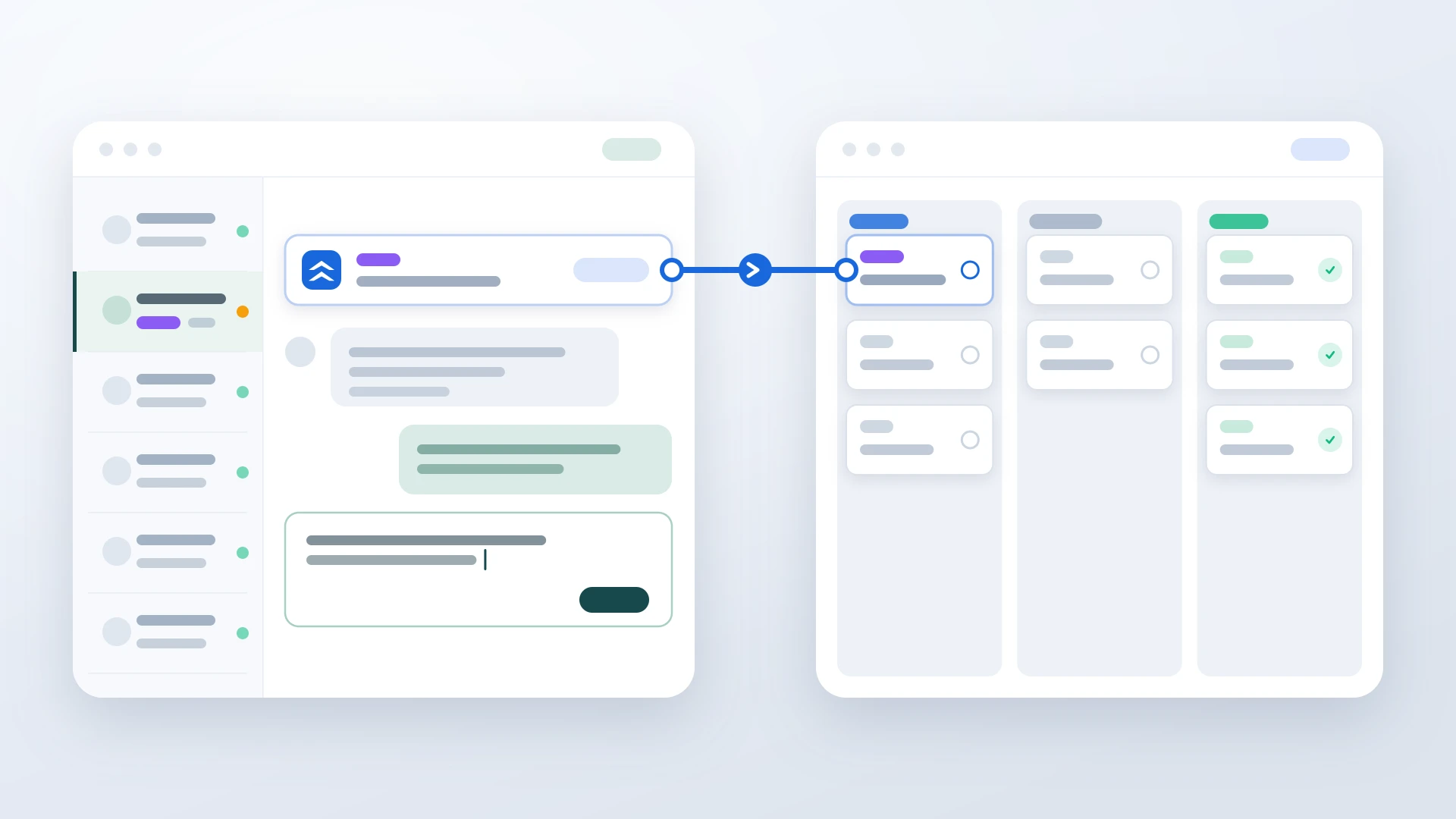 A Zendesk ticket workspace beside a Jira issue board, joined by a link from the ticket's linked issue to the matching card on the board