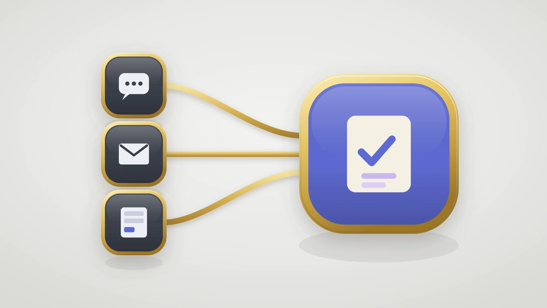 A chat bubble, an email envelope, and a web form joined by gold rails into one Linear issue badge, showing three request channels landing in one queue