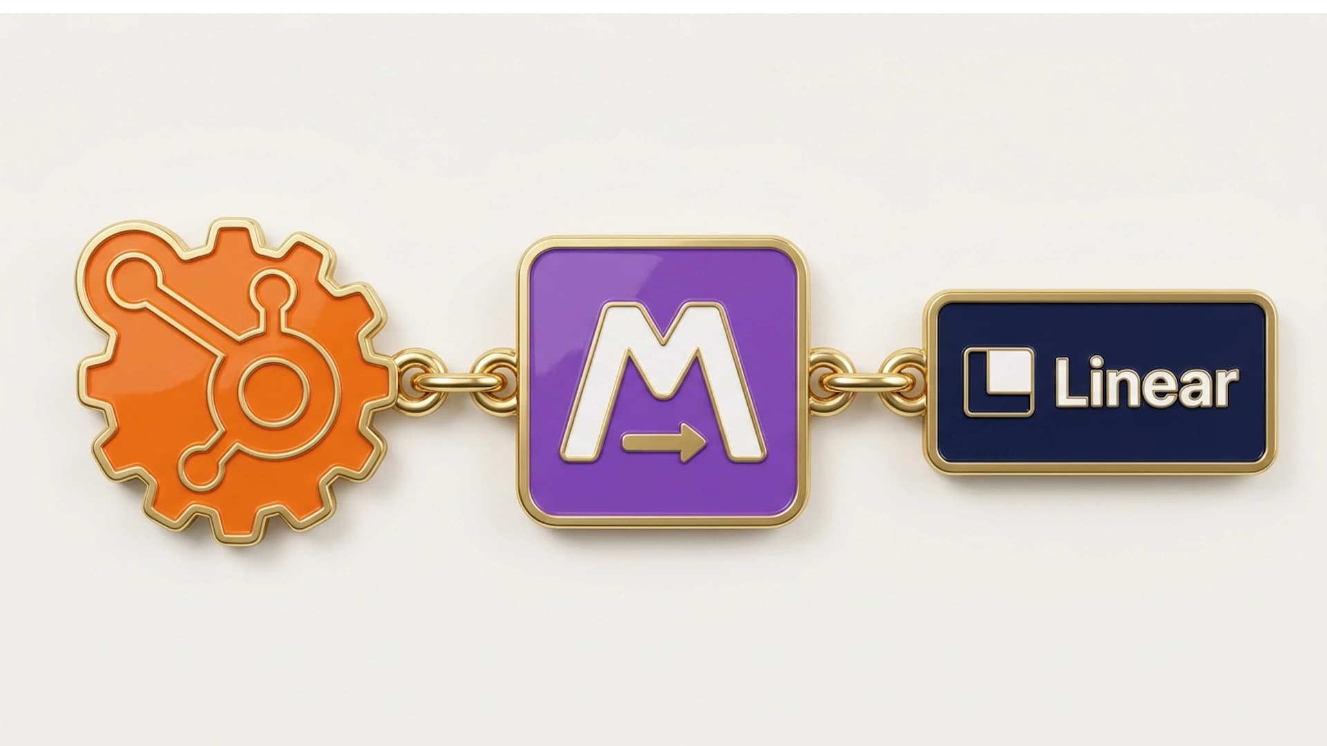 HubSpot, Make, and Linear logos connected in a visual flow representing a ticket-to-issue automation