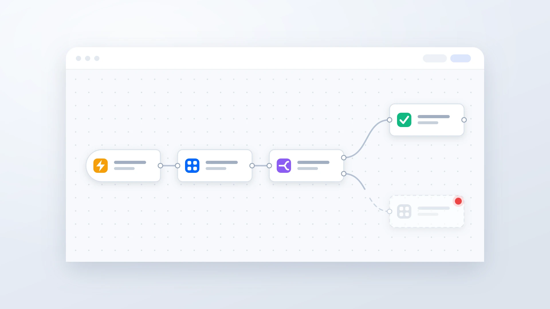 A workflow automation editor canvas where a flow of connected nodes forks in two, one branch completing and the other left with a broken connection running into a faded node marked with a red dot