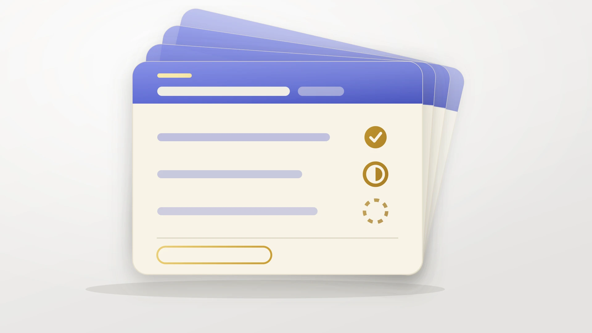 A fanned deck of quarterly review cards, the front one showing three goals from last quarter marked in gold as hit, partially hit, and missed, above an empty outlined bar for next quarter