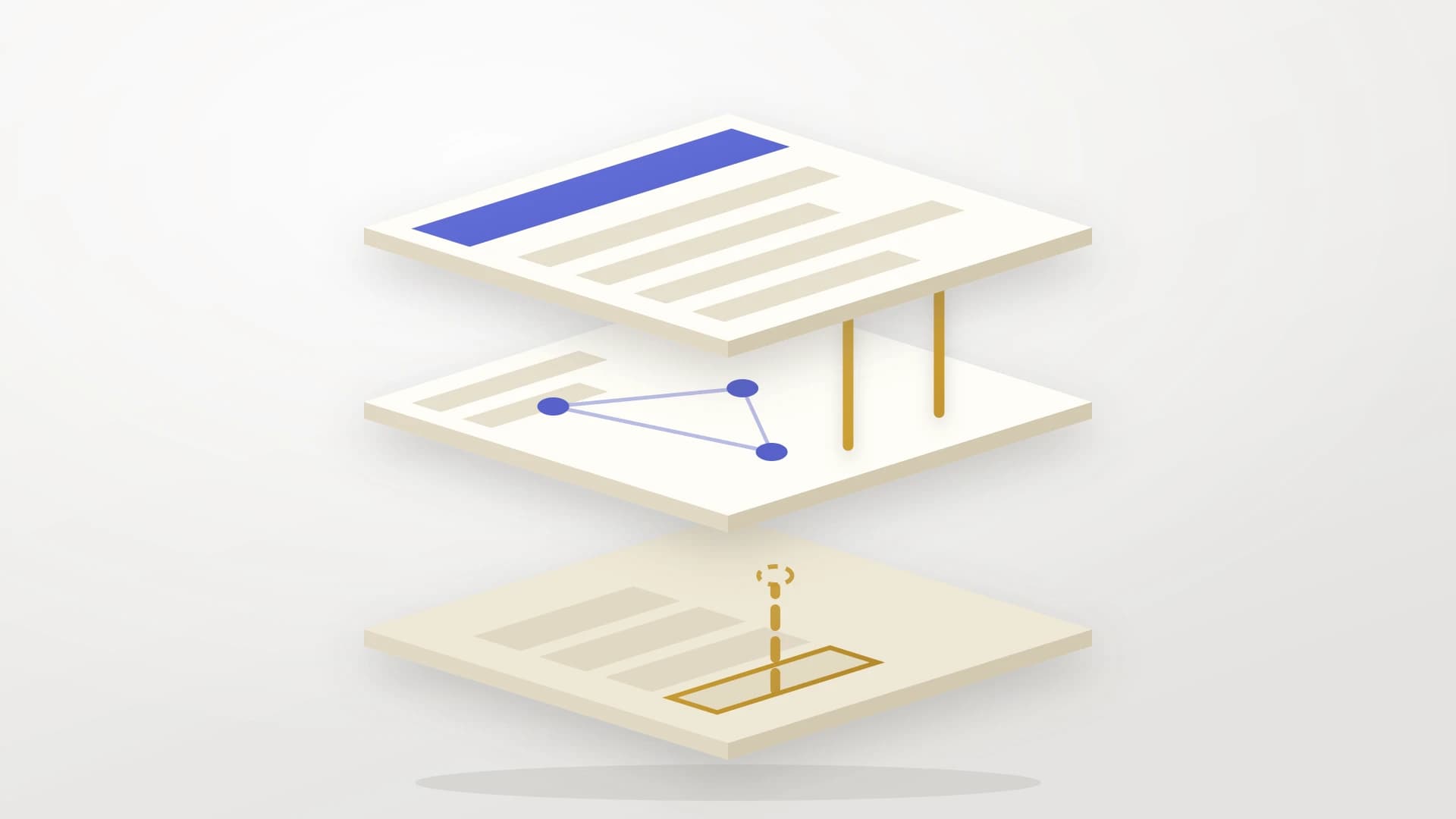 An exploded stack of three design layers connected by gold pins, with one pin rising from a customer evidence layer and stopping short of the design above it