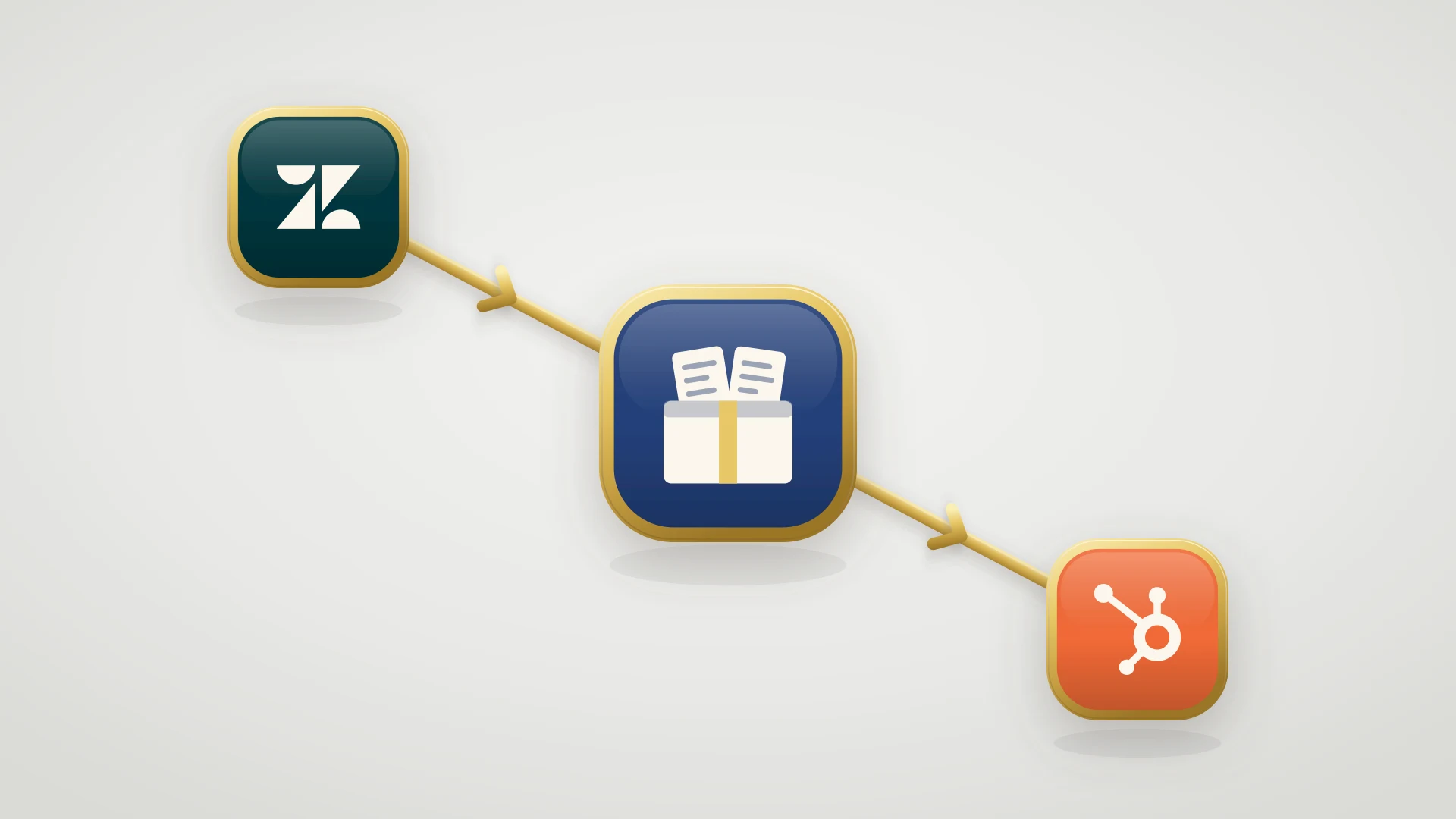 A Zendesk to HubSpot migration drawn as a diagonal gold rail with arrow chevrons, running from a dark green Zendesk badge at the top left, through a large navy badge holding a moving box packed with ticket cards, to an orange HubSpot badge at the bottom right